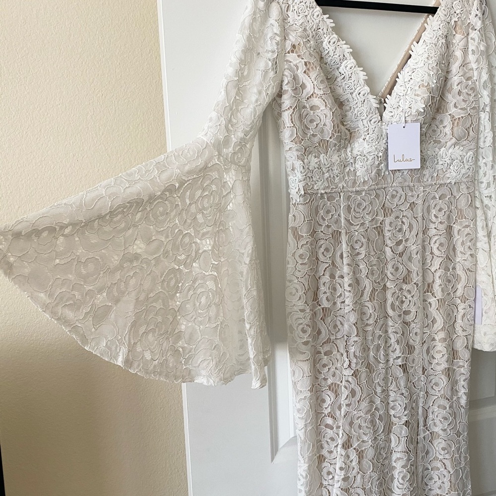 Lulus Duchess Ivory Bell Sleeve Dress